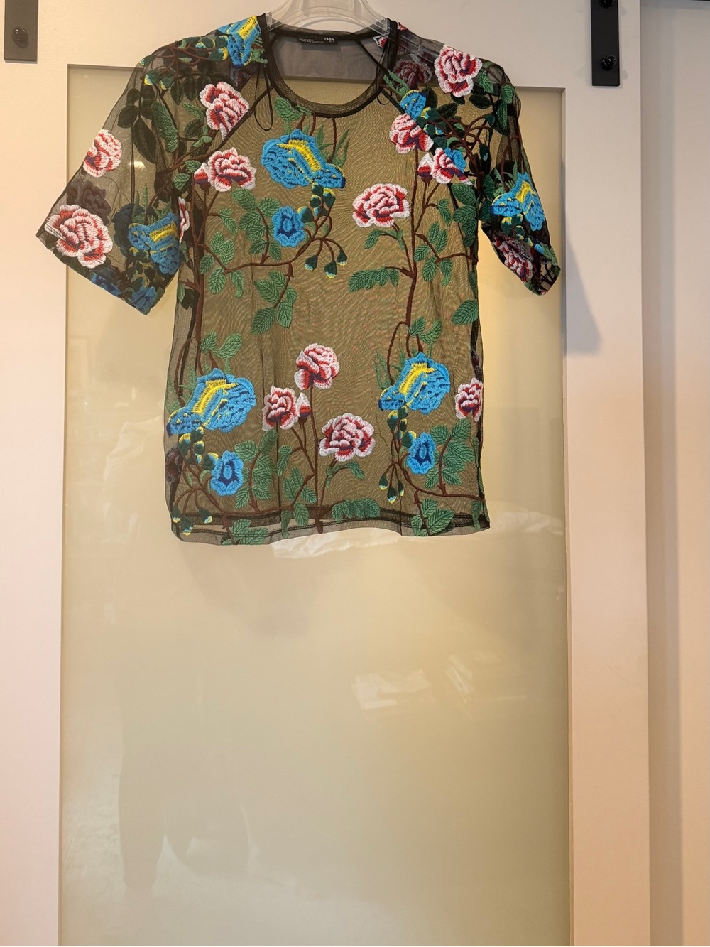 Floral Embroidered Mesh Top - Black with Blue & Pink Flowers